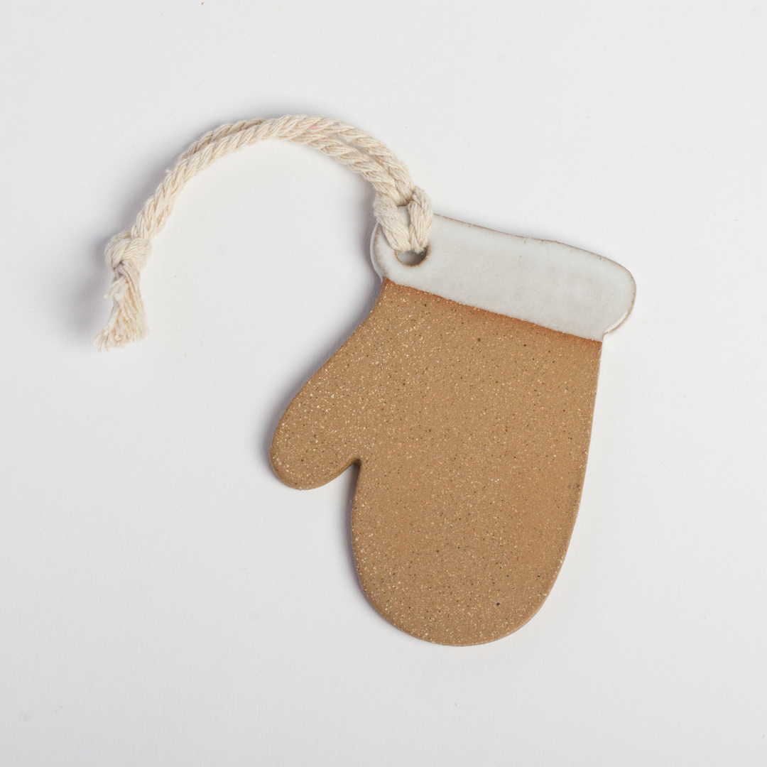 clay ornament shaped like Mitten, cotton string